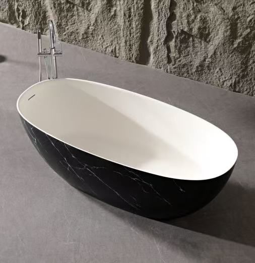 BW-1058 Black-and-White Veined Marble-Pattern Solid Surface Oval Bathtub