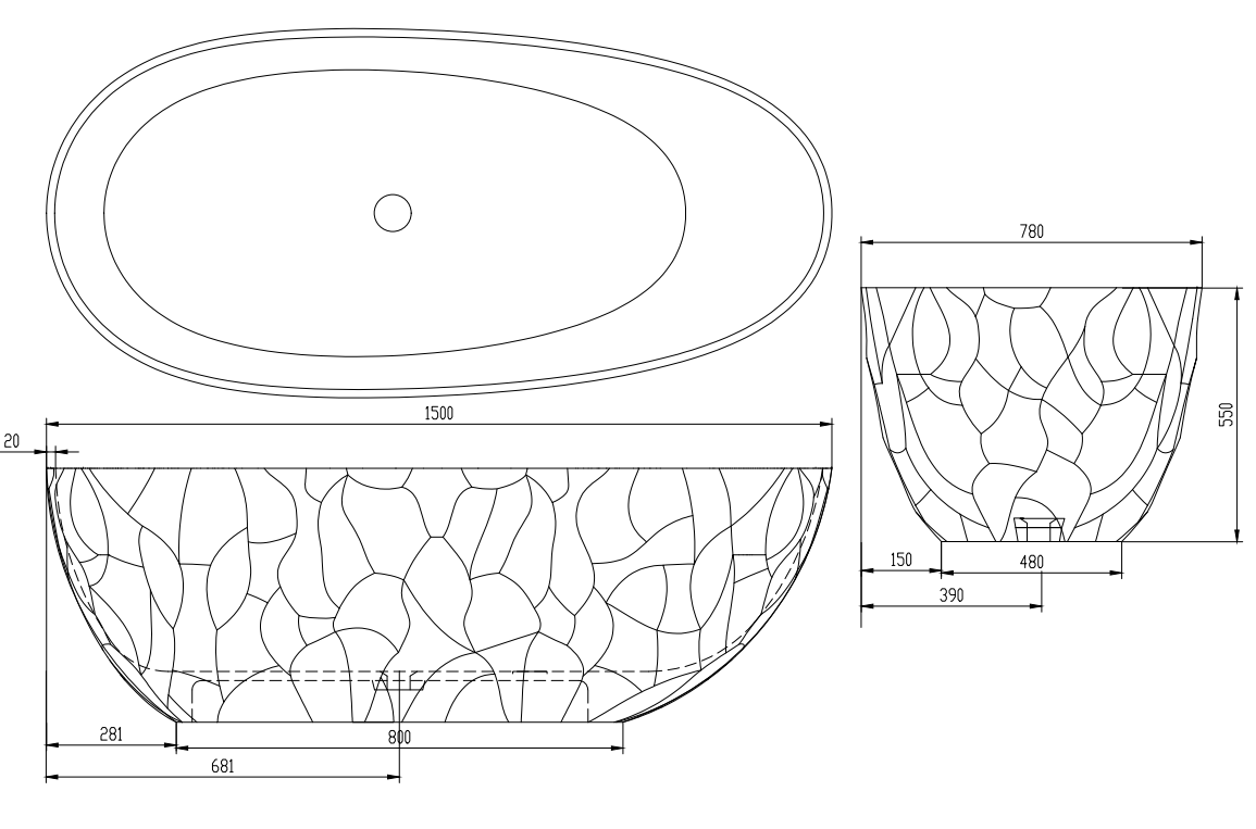 KT-8419 Artistic Relief Freestanding Artificial Stone Bathtub