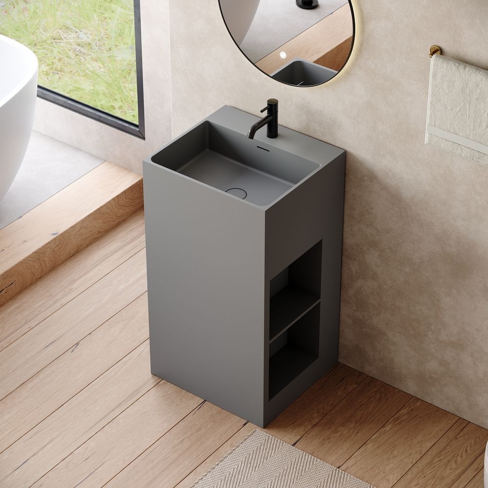 KT-6544 Solid Surface Pedestal Basin with Single-Side Double-Layer Open Storage