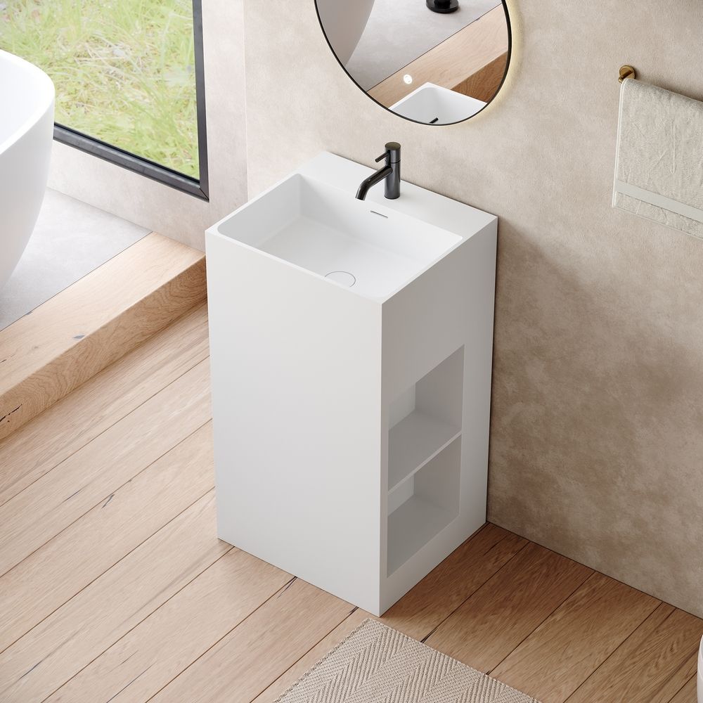 KT-6544 Solid Surface Pedestal Basin with Single-Side Double-Layer Open Storage