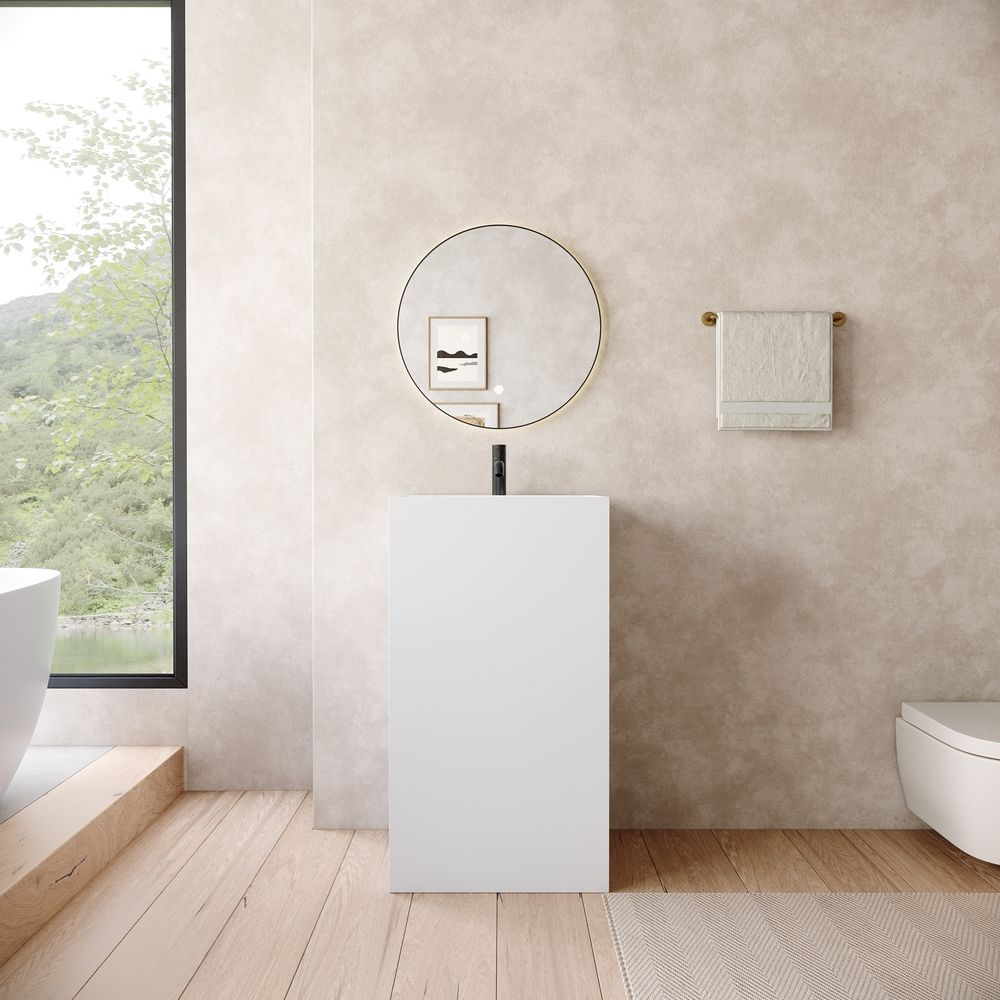 KT-6544 Solid Surface Pedestal Basin with Single-Side Double-Layer Open Storage