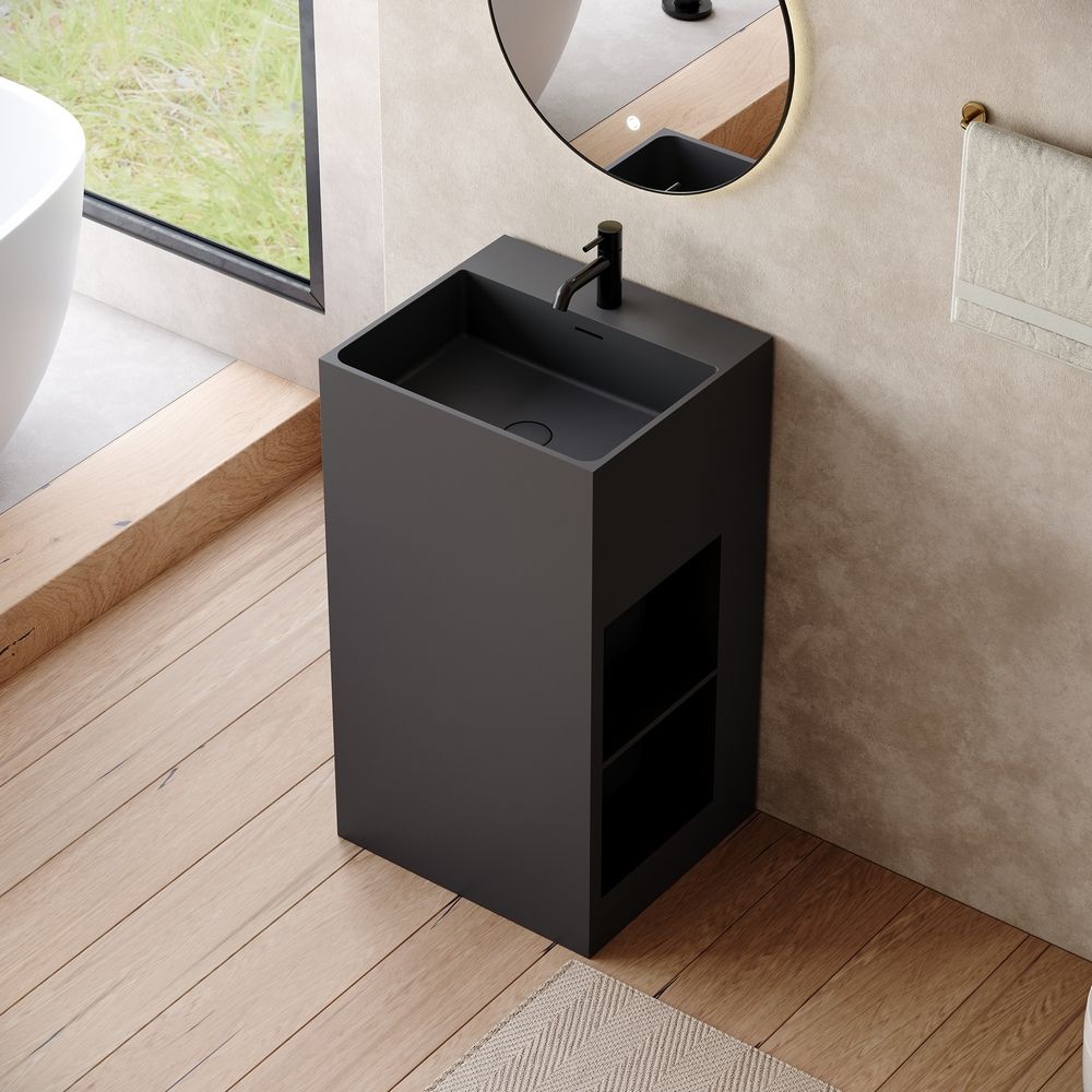 KT-6544 Solid Surface Pedestal Basin with Single-Side Double-Layer Open Storage