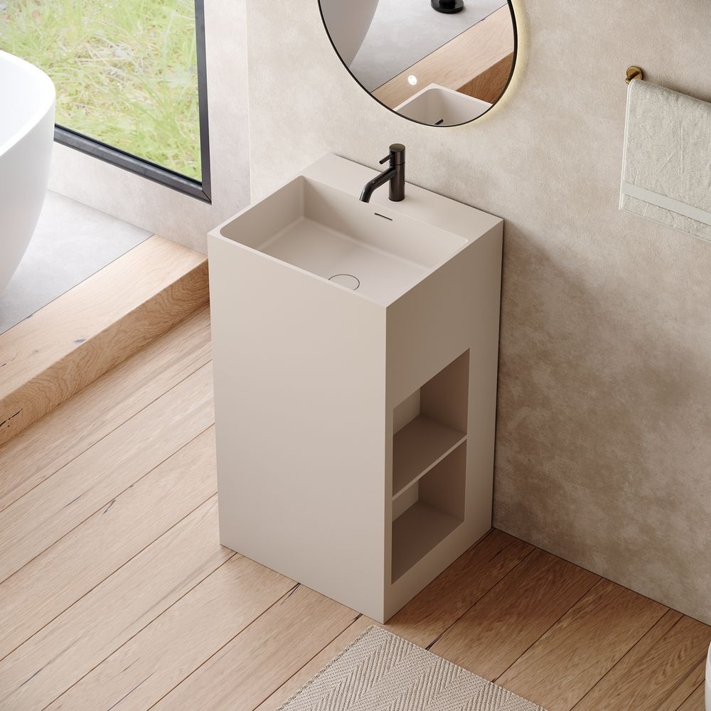 KT-6544 Solid Surface Pedestal Basin with Single-Side Double-Layer Open Storage