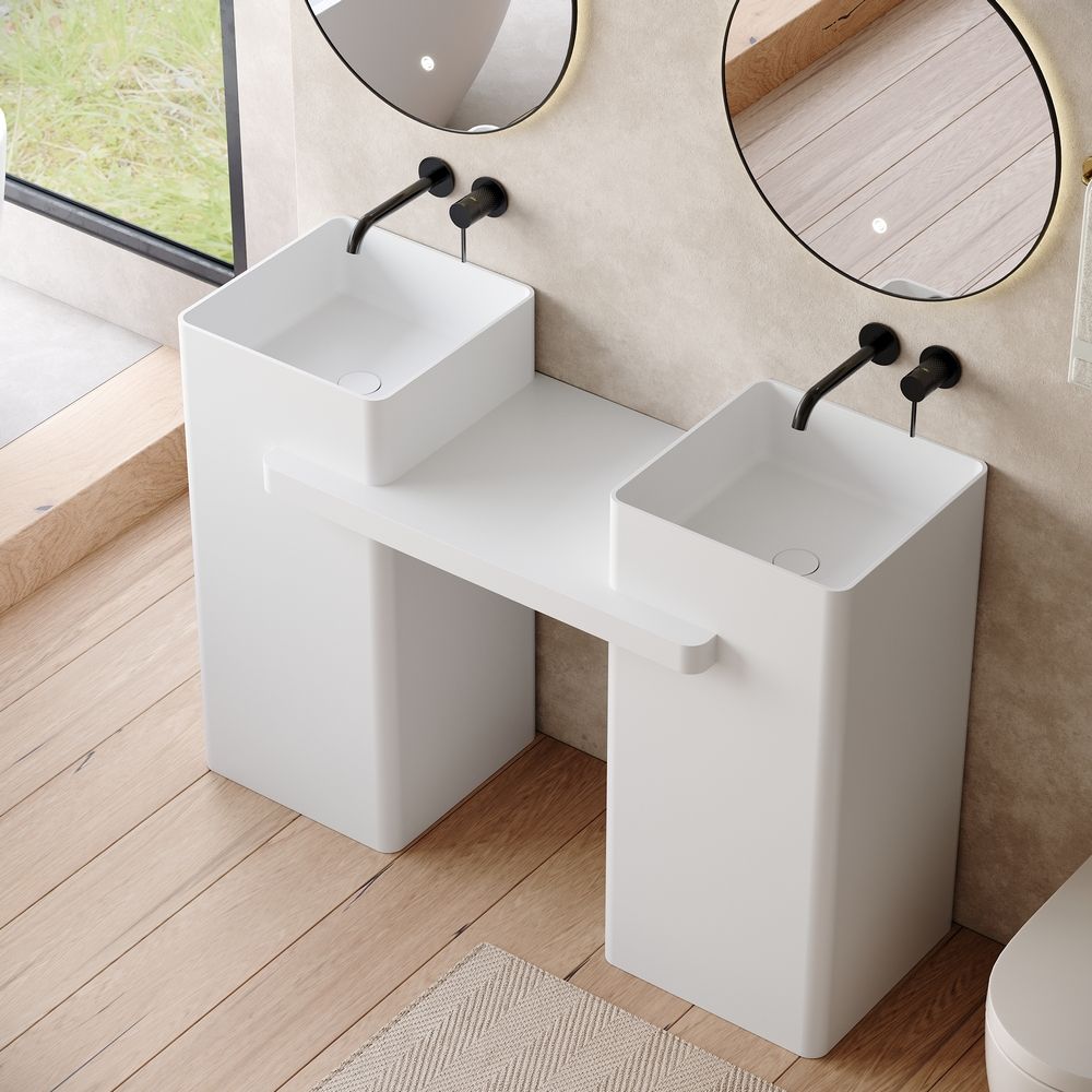 KT-6552 Double-Basin One-Piece Solid Surface Pedestal Basin with Integrated Countertop