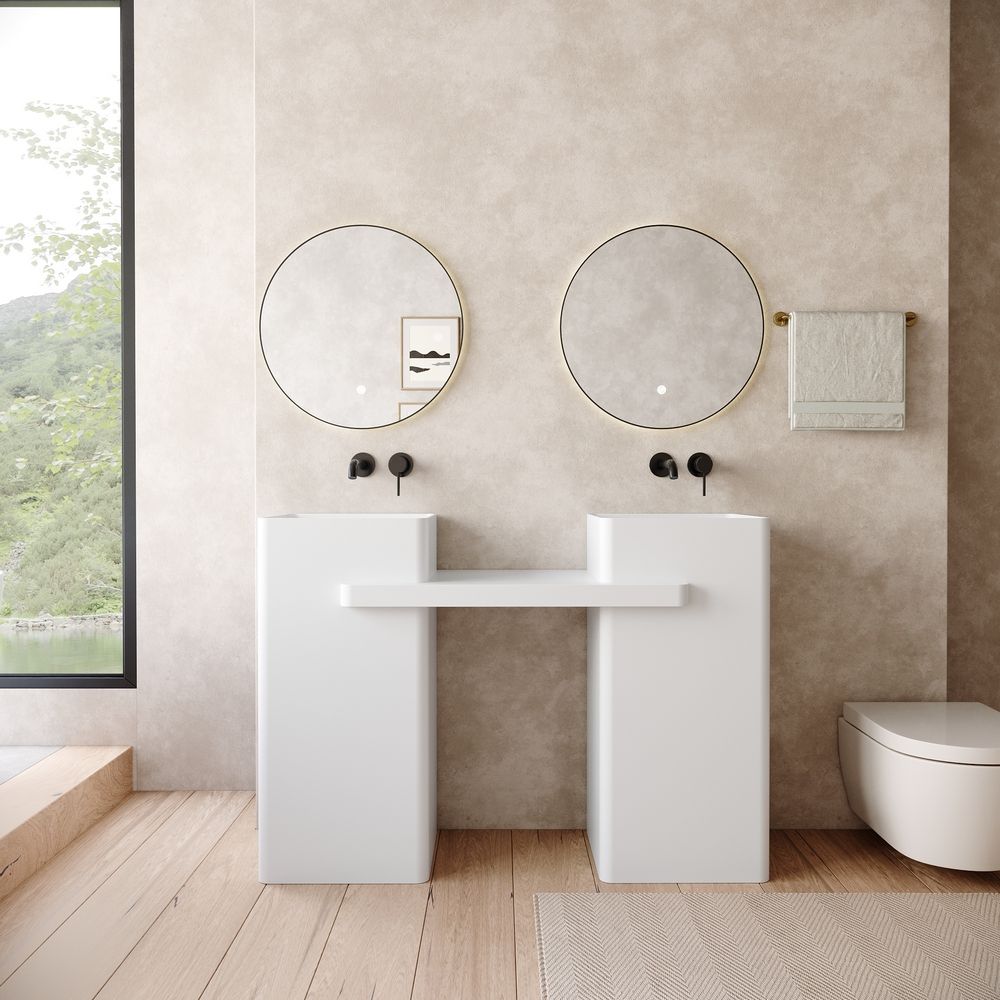 KT-6552 Double-Basin One-Piece Solid Surface Pedestal Basin with Integrated Countertop