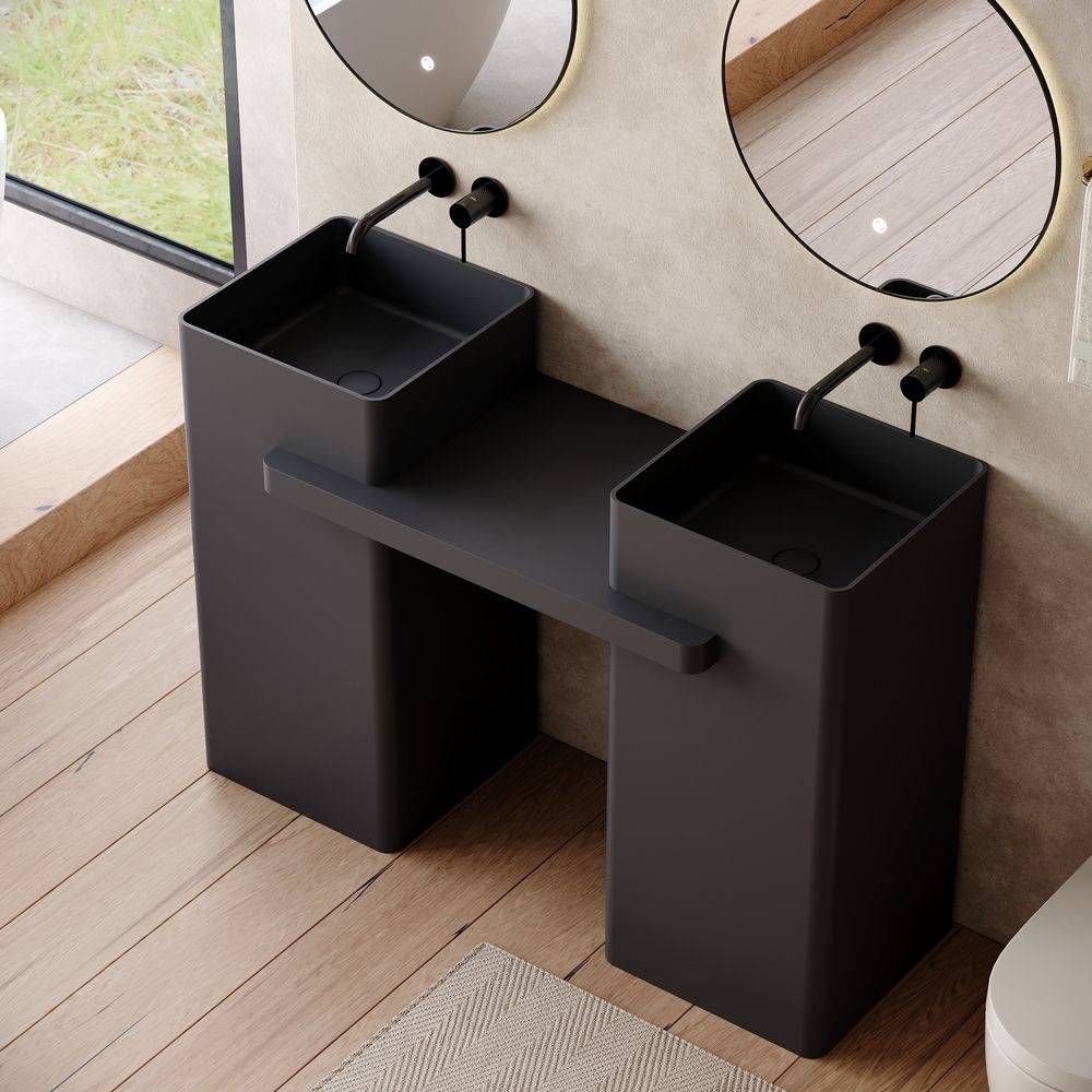 KT-6552 Double-Basin One-Piece Solid Surface Pedestal Basin with Integrated Countertop