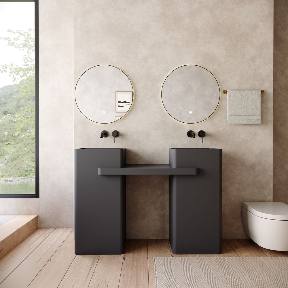 KT-6552 Double-Basin One-Piece Solid Surface Pedestal Basin with Integrated Countertop