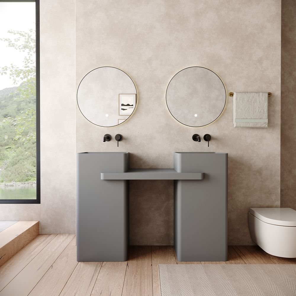 KT-6552 Double-Basin One-Piece Solid Surface Pedestal Basin with Integrated Countertop