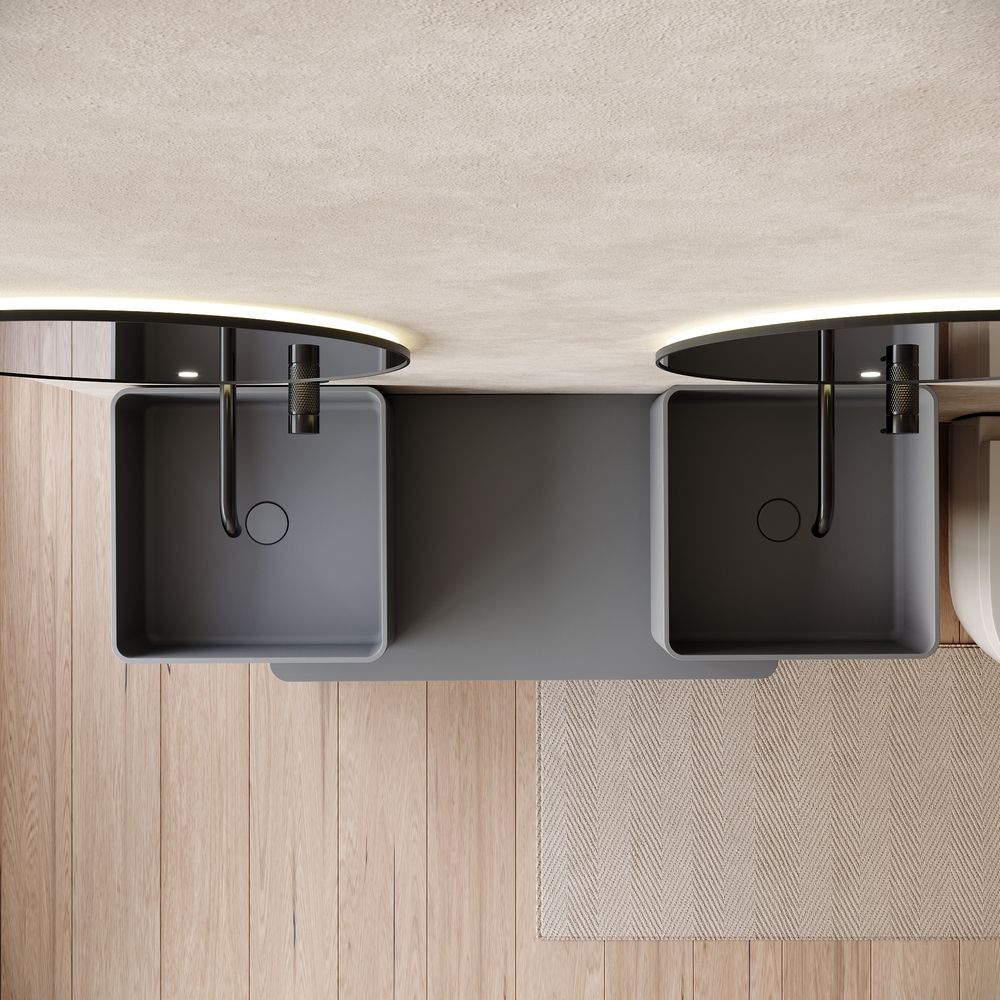 KT-6552 Double-Basin One-Piece Solid Surface Pedestal Basin with Integrated Countertop