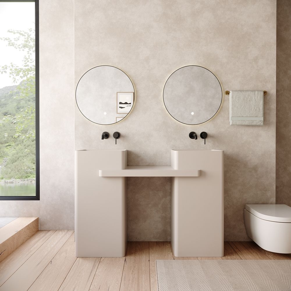 KT-6552 Double-Basin One-Piece Solid Surface Pedestal Basin with Integrated Countertop