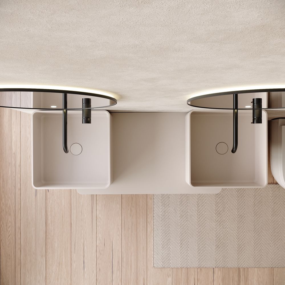 KT-6552 Double-Basin One-Piece Solid Surface Pedestal Basin with Integrated Countertop