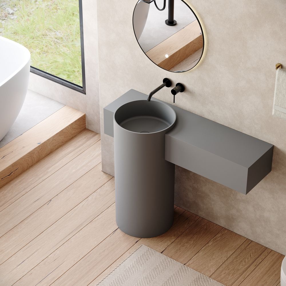 KT-6554 Solid Surface Pedestal Basin with Side Storage Countertop