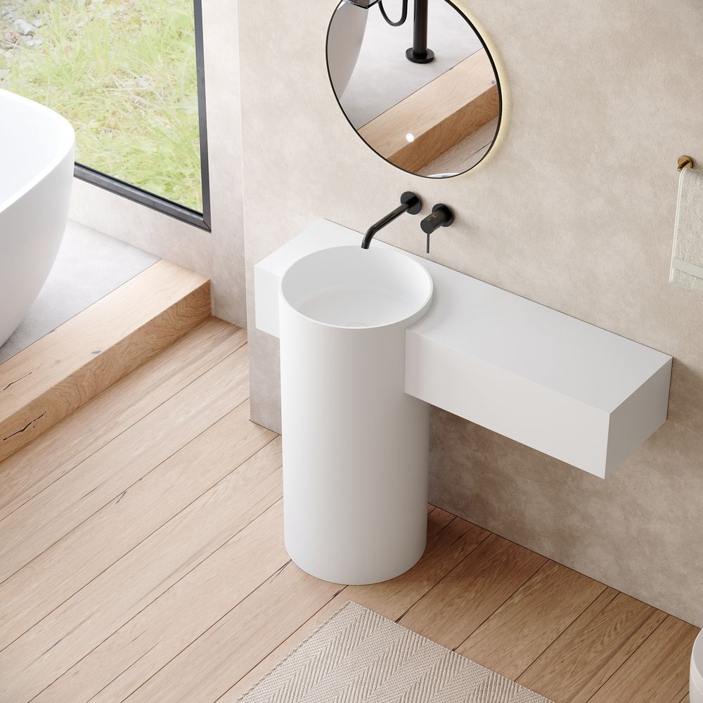 KT-6554 Solid Surface Pedestal Basin with Side Storage Countertop