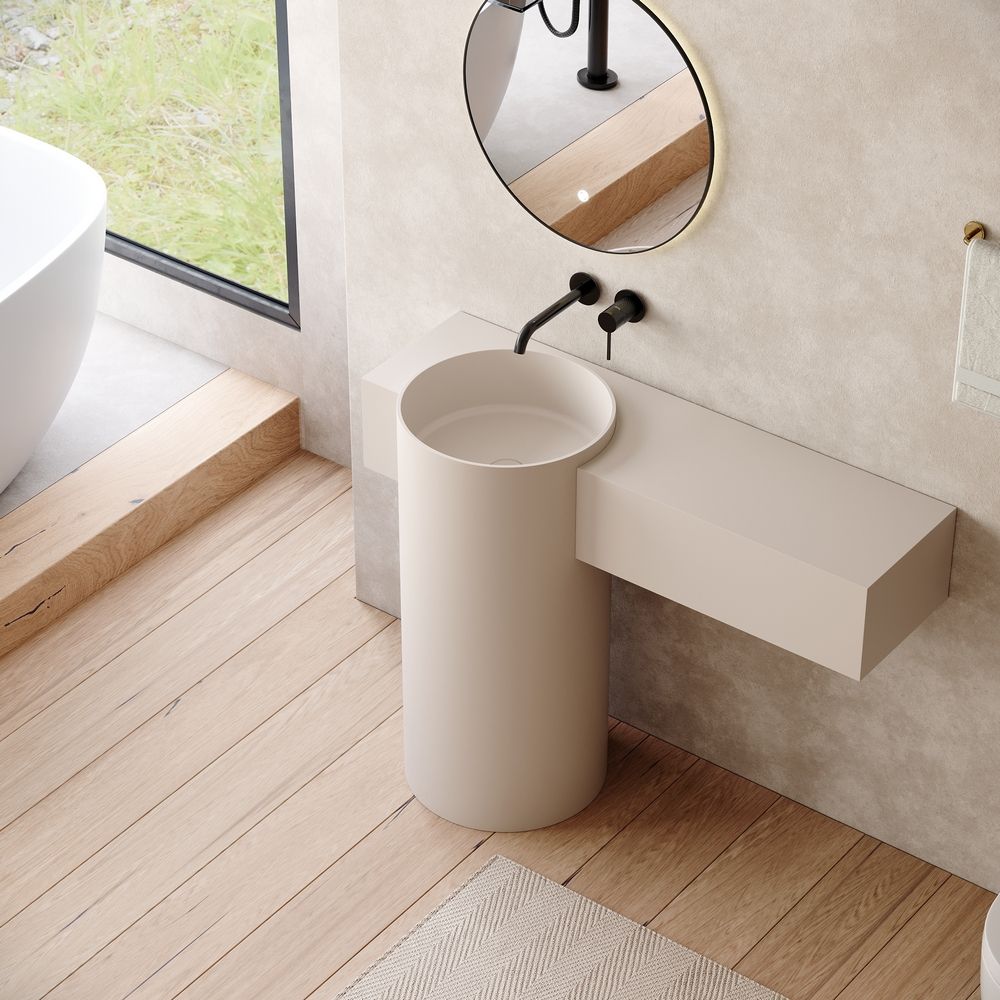 KT-6554 Solid Surface Pedestal Basin with Side Storage Countertop
