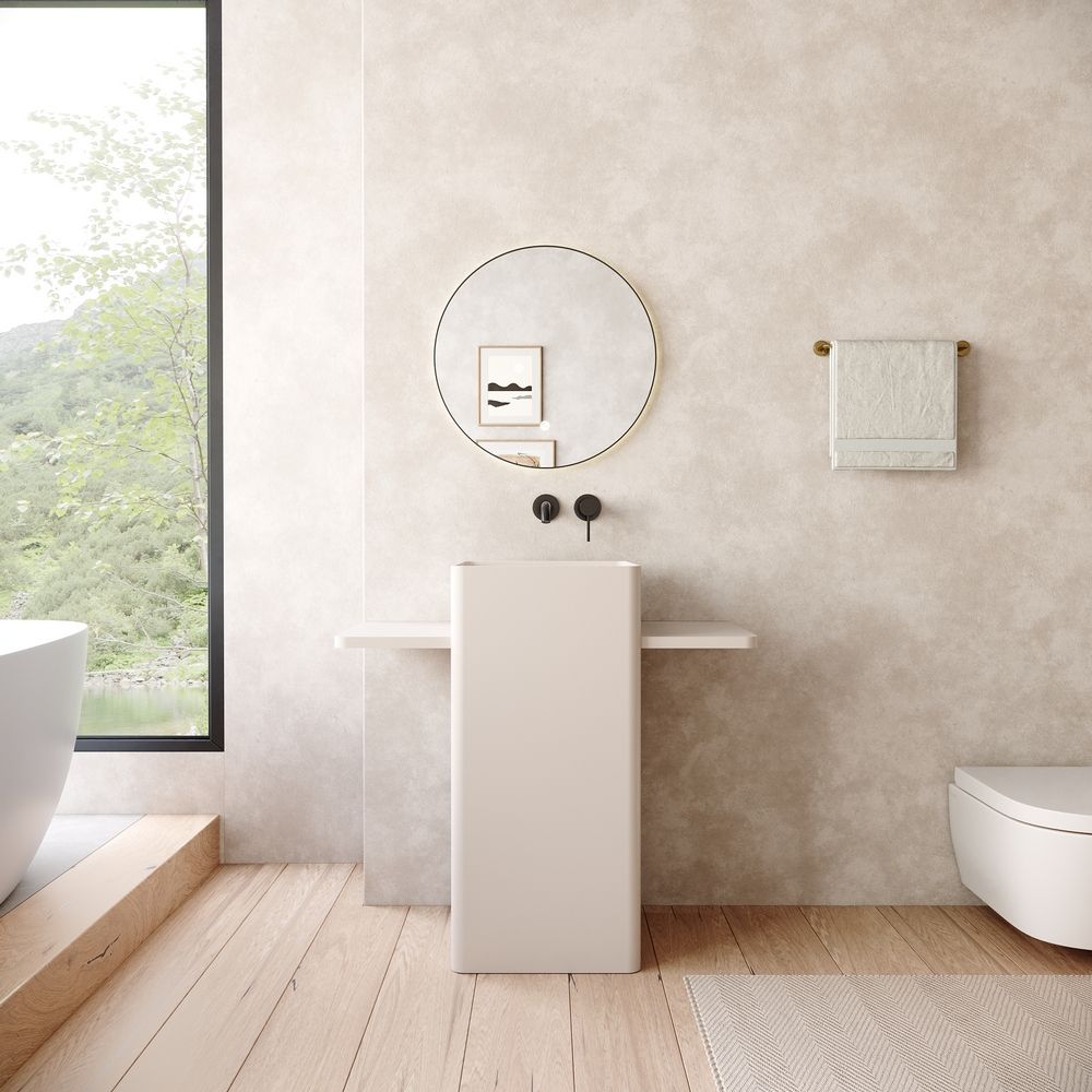 KT-6555 Solid Surface Pedestal Basin with Symmetrical Double-Side Extended Countertops