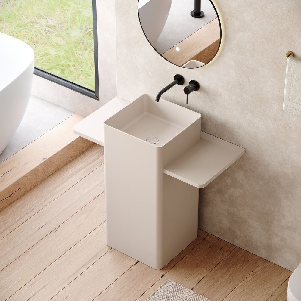 KT-6555 Solid Surface Pedestal Basin with Symmetrical Double-Side Extended Countertops