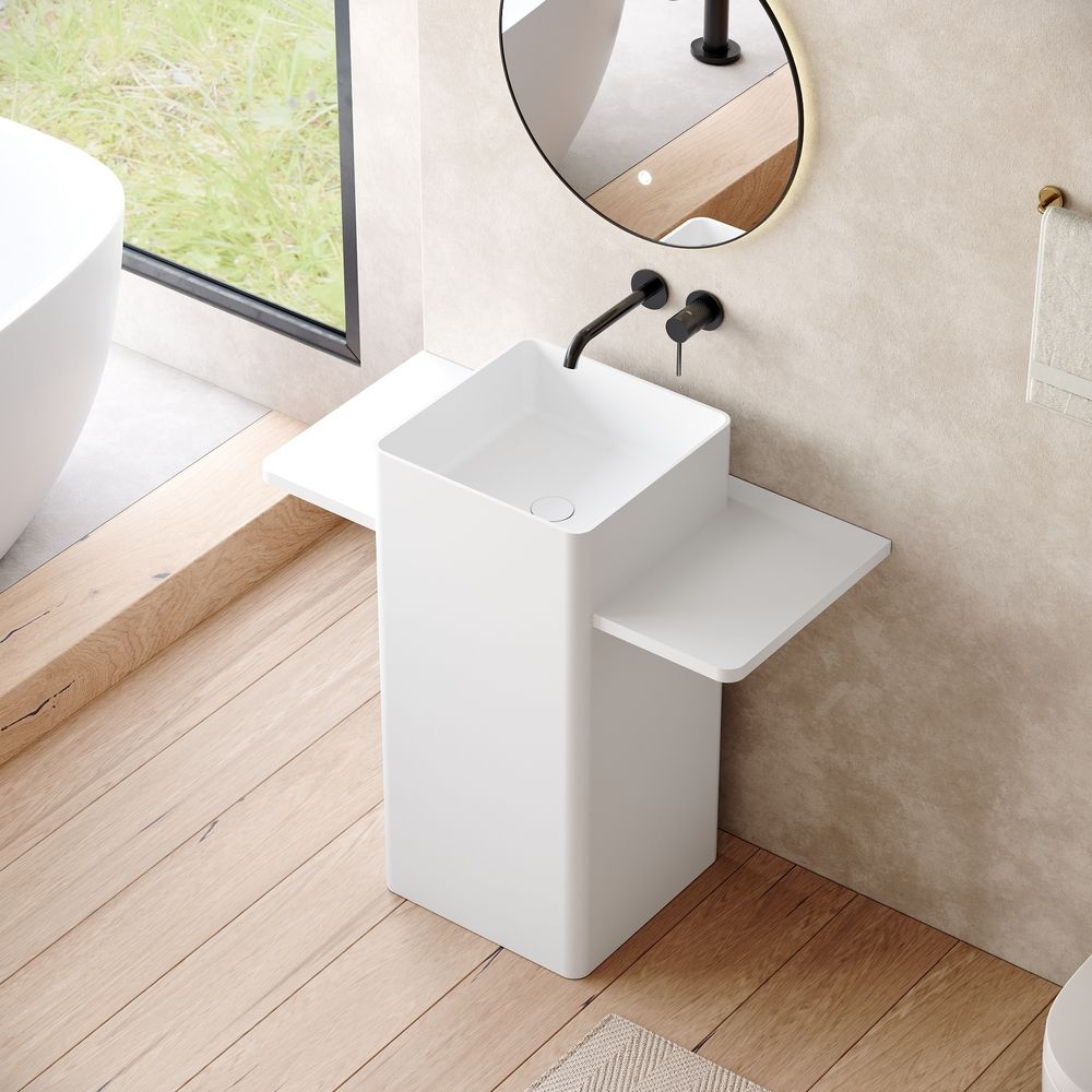 KT-6555 Solid Surface Pedestal Basin with Symmetrical Double-Side Extended Countertops