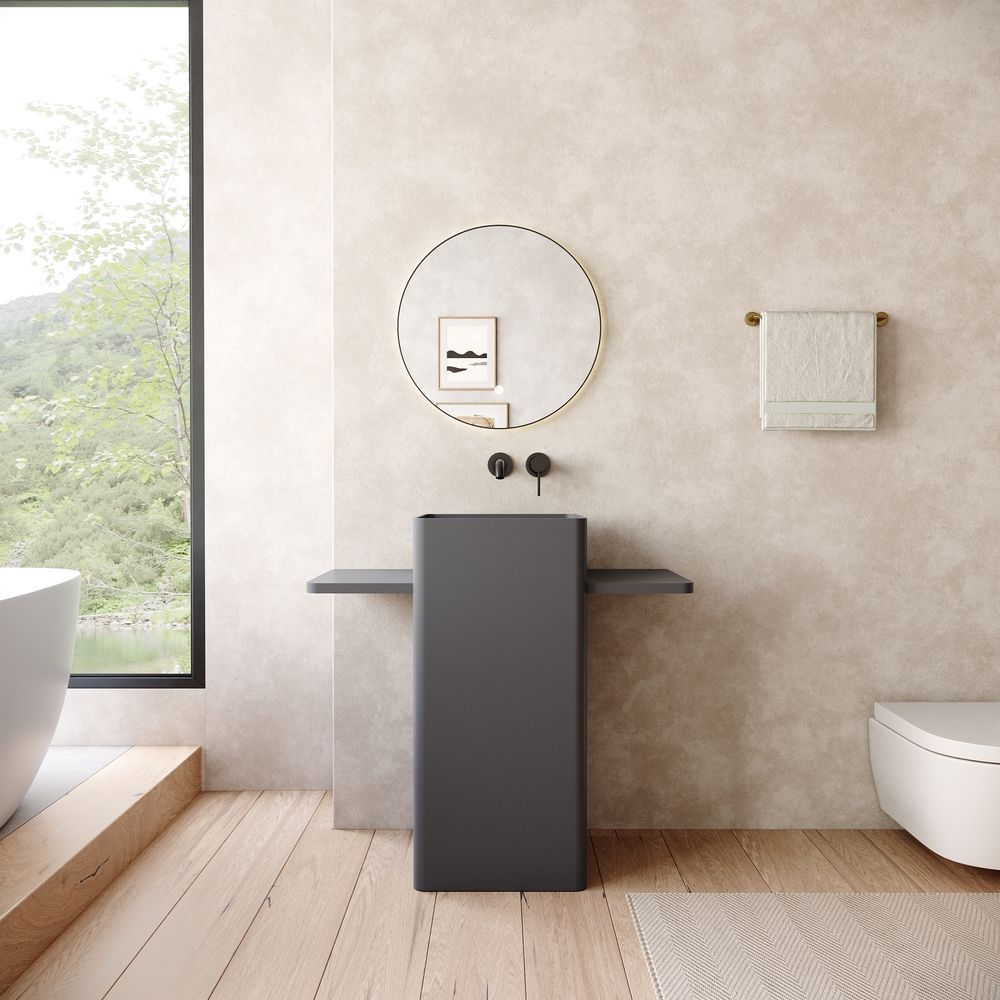 KT-6555 Solid Surface Pedestal Basin with Symmetrical Double-Side Extended Countertops