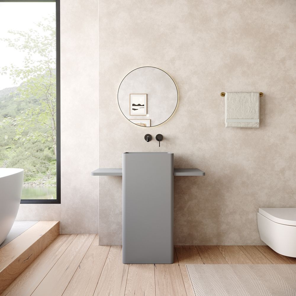 KT-6555 Solid Surface Pedestal Basin with Symmetrical Double-Side Extended Countertops