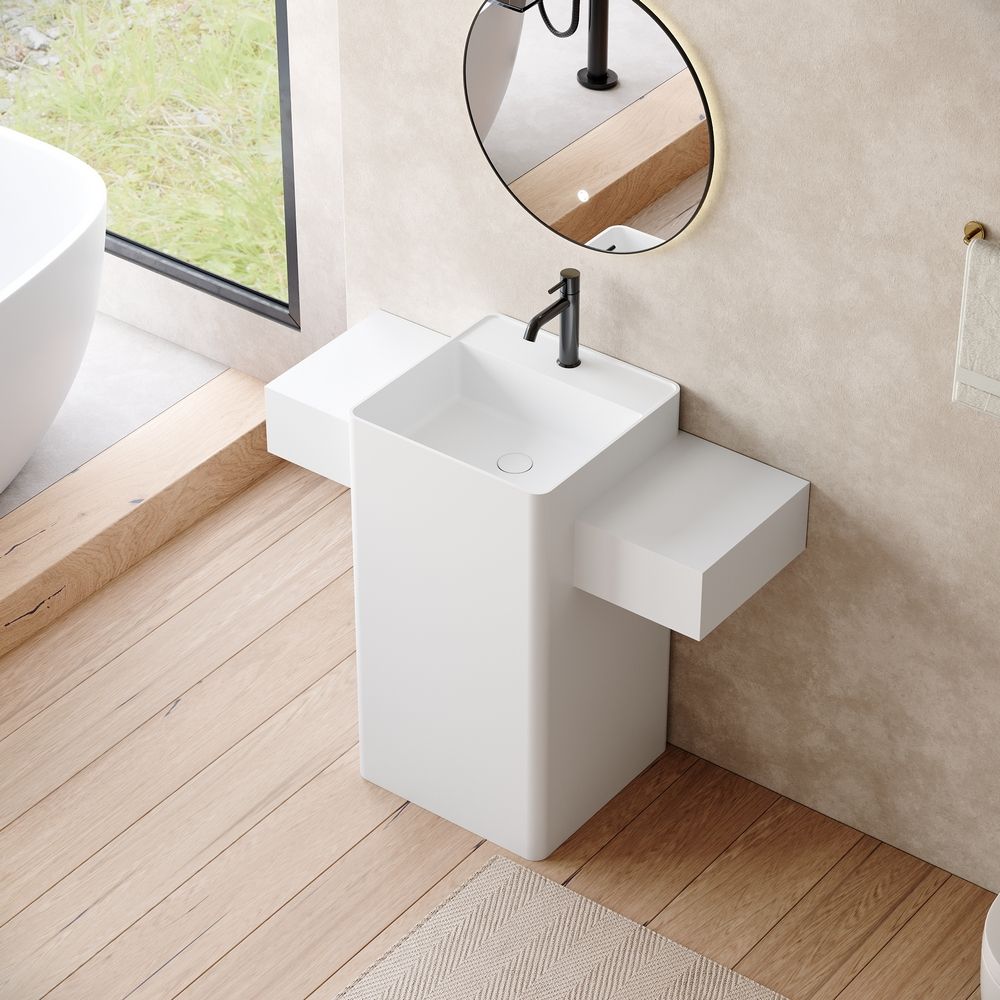 KT-6556 Solid Surface Pedestal Basin with Double-Side Widened Extended Countertops