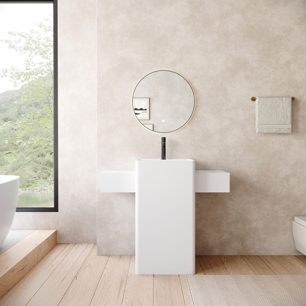 KT-6556 Solid Surface Pedestal Basin with Double-Side Widened Extended Countertops