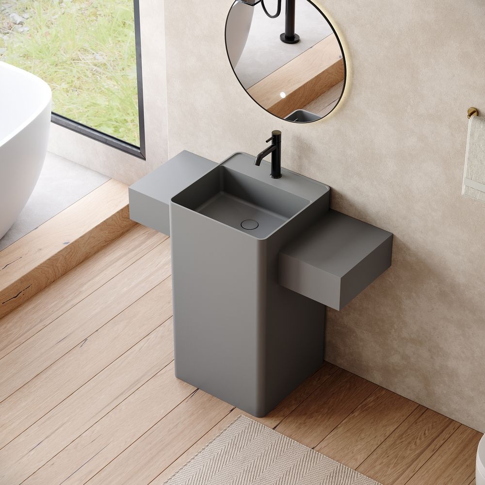 KT-6556 Solid Surface Pedestal Basin with Double-Side Widened Extended Countertops