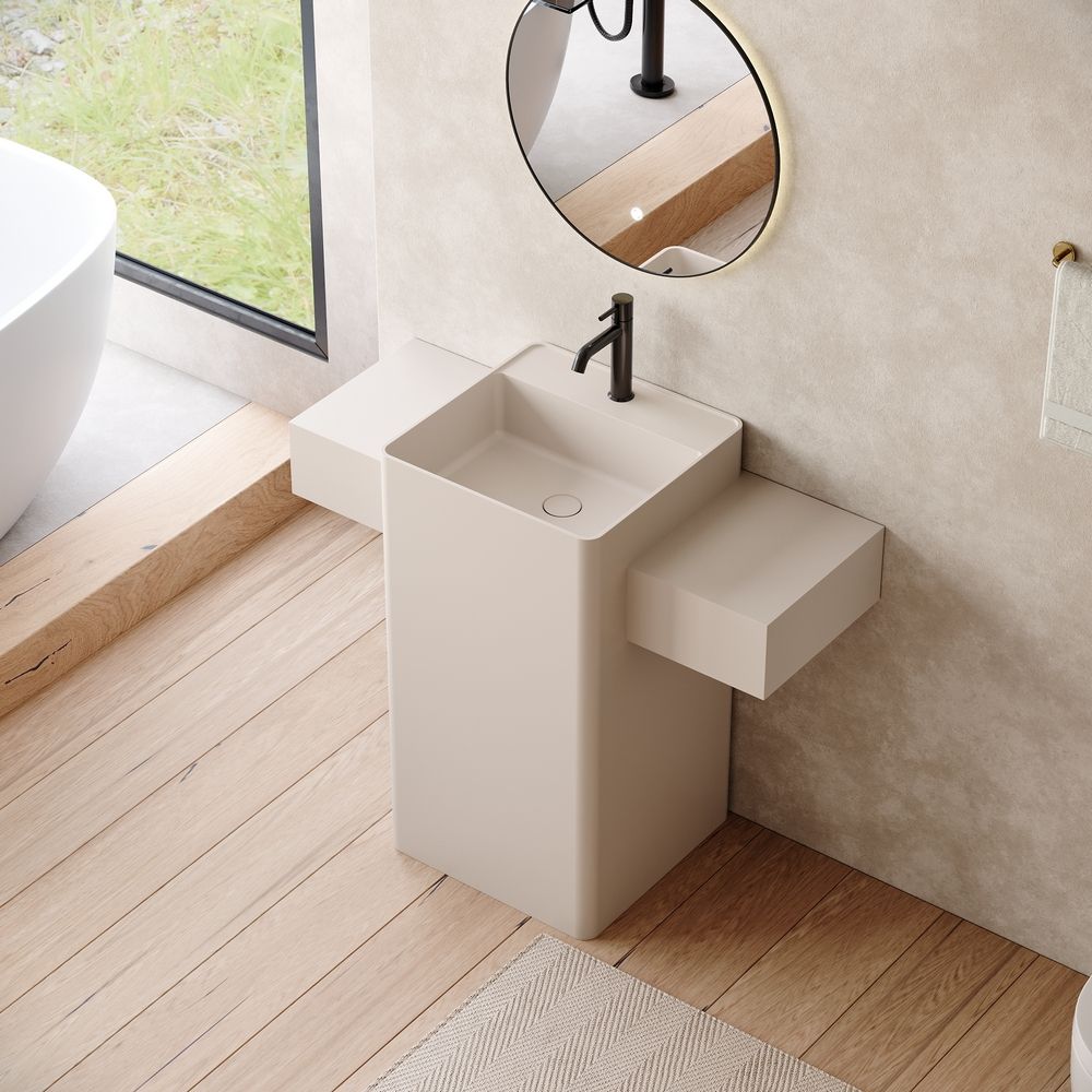 KT-6556 Solid Surface Pedestal Basin with Double-Side Widened Extended Countertops