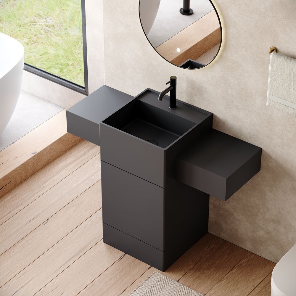 KT-6557 Solid Surface Pedestal Basin with Double Side Countertops & Hidden Drawer