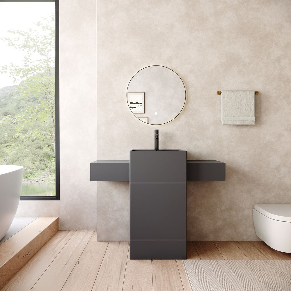 KT-6557 Solid Surface Pedestal Basin with Double Side Countertops & Hidden Drawer