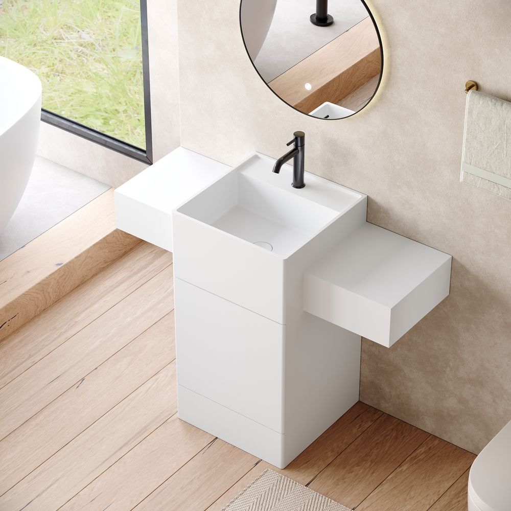 KT-6557 Solid Surface Pedestal Basin with Double Side Countertops & Hidden Drawer
