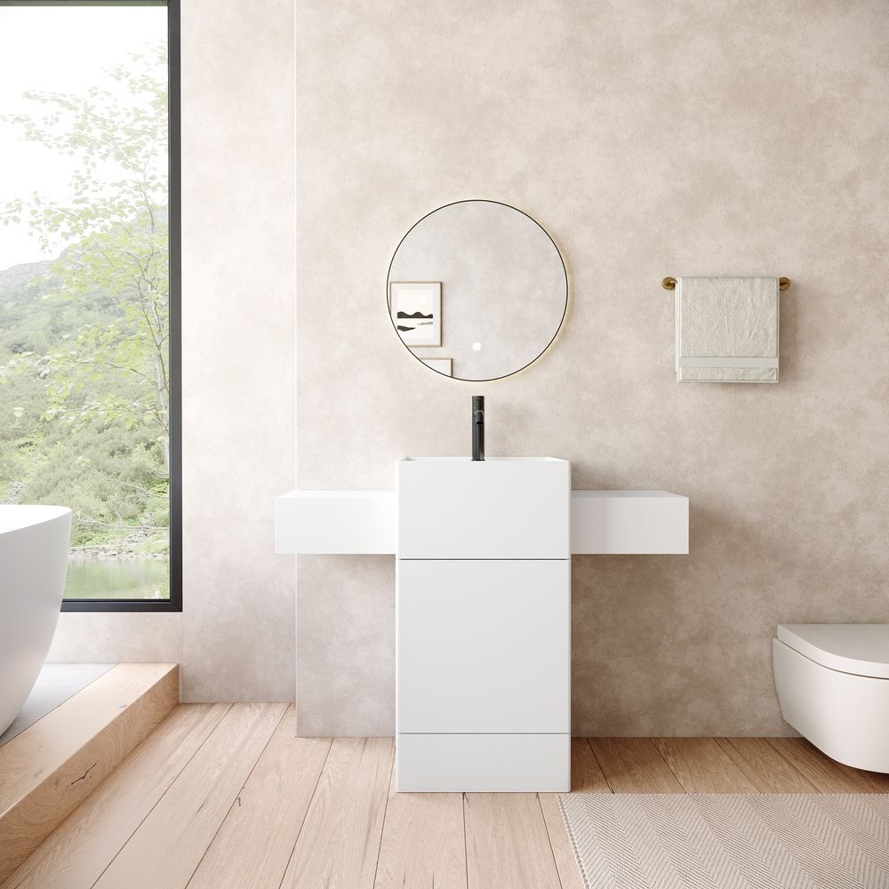 KT-6557 Solid Surface Pedestal Basin with Double Side Countertops & Hidden Drawer