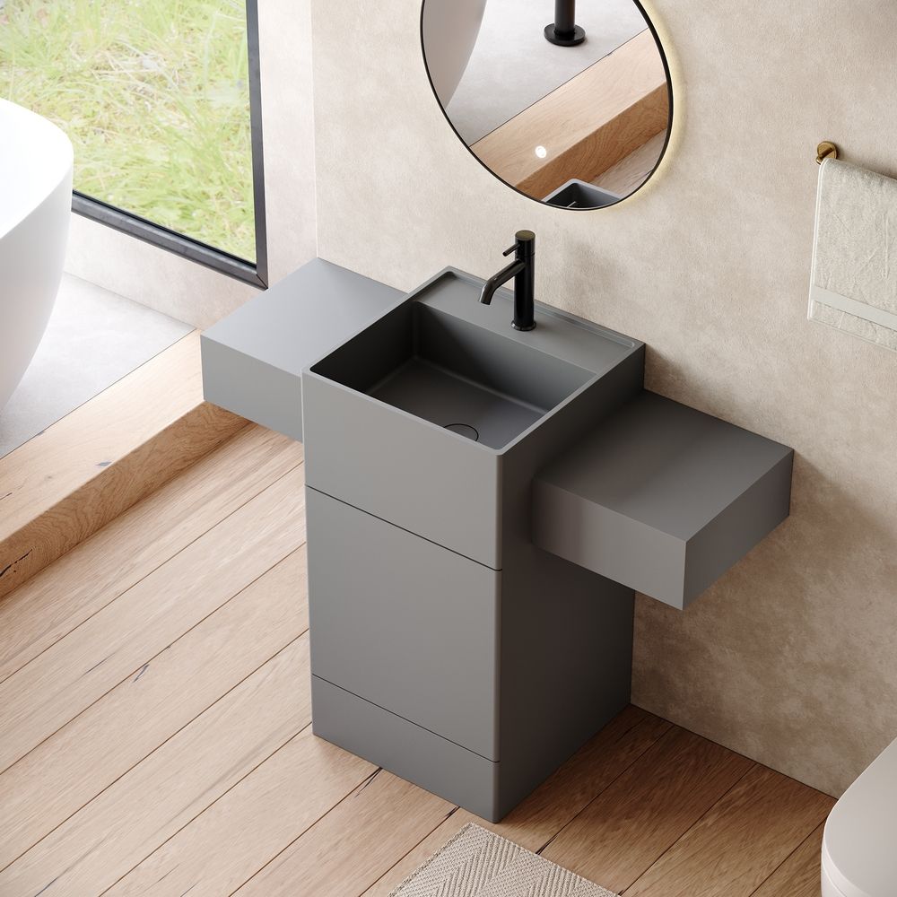 KT-6557 Solid Surface Pedestal Basin with Double Side Countertops & Hidden Drawer