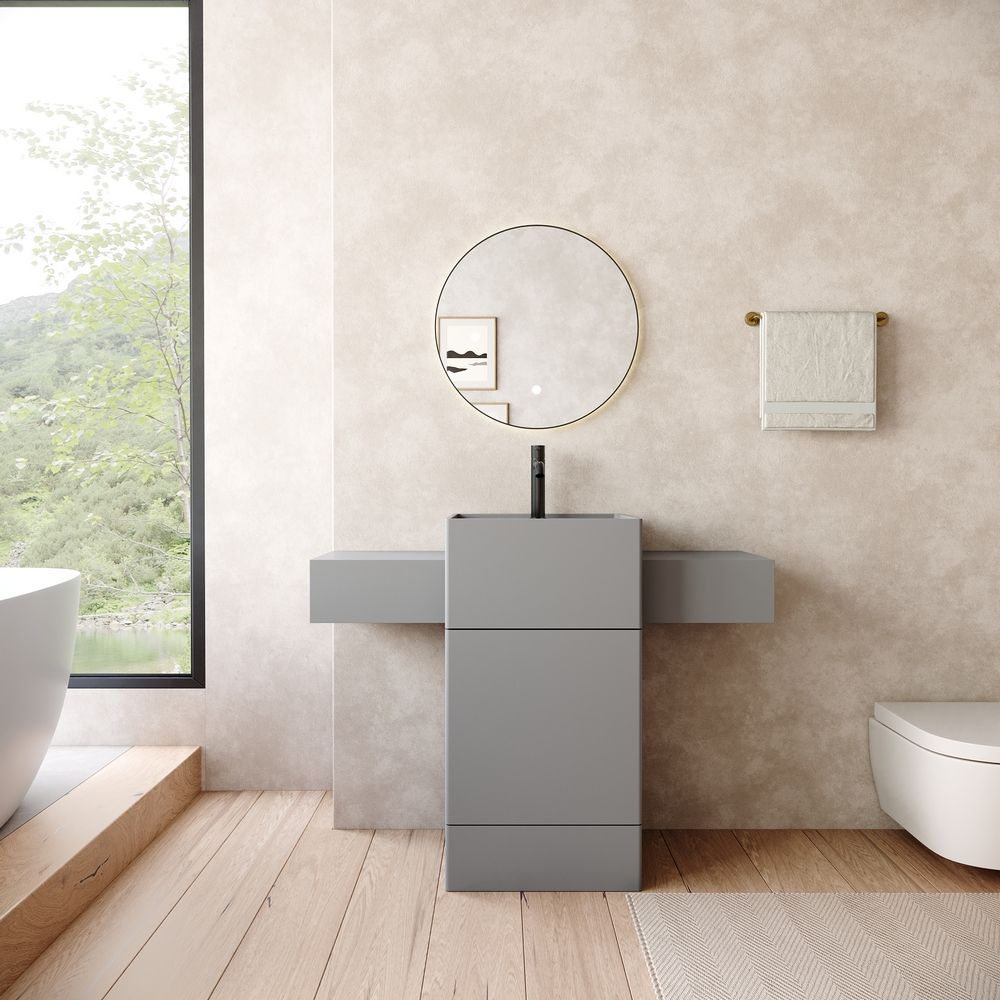 KT-6557 Solid Surface Pedestal Basin with Double Side Countertops & Hidden Drawer