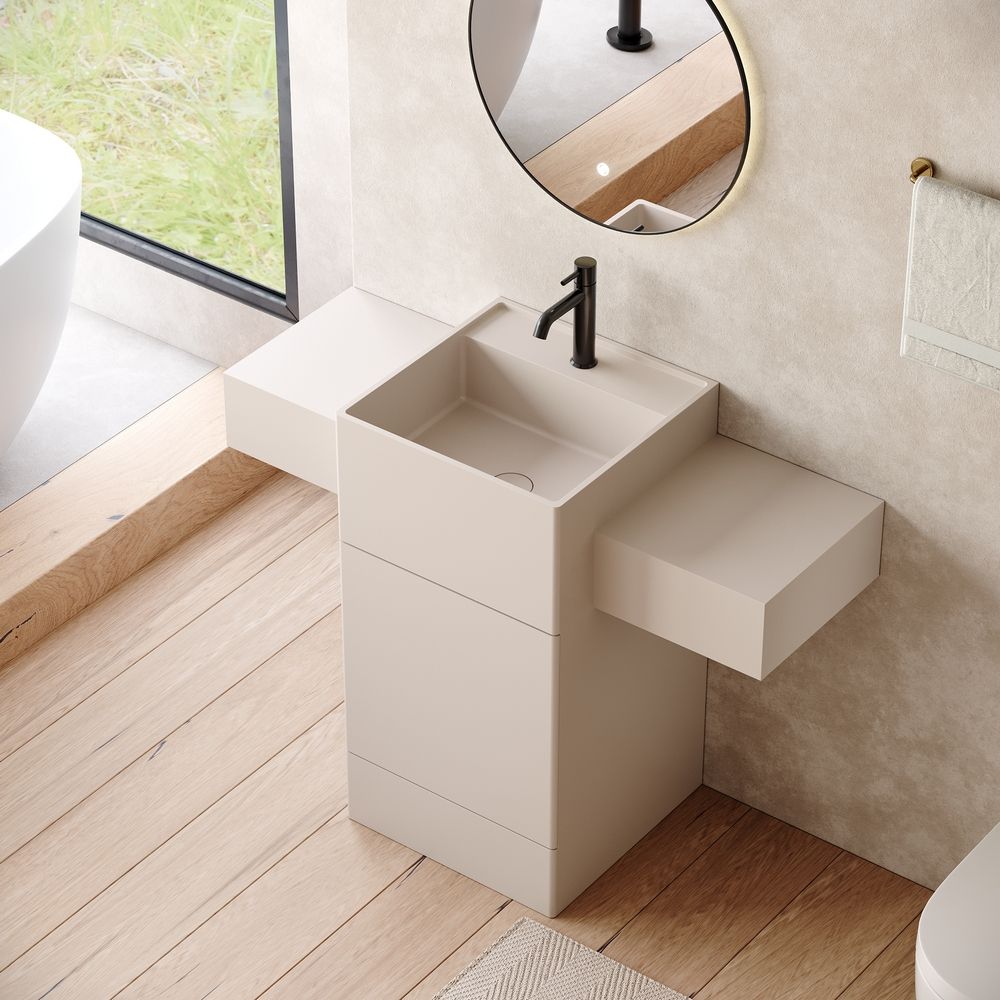 KT-6557 Solid Surface Pedestal Basin with Double Side Countertops & Hidden Drawer