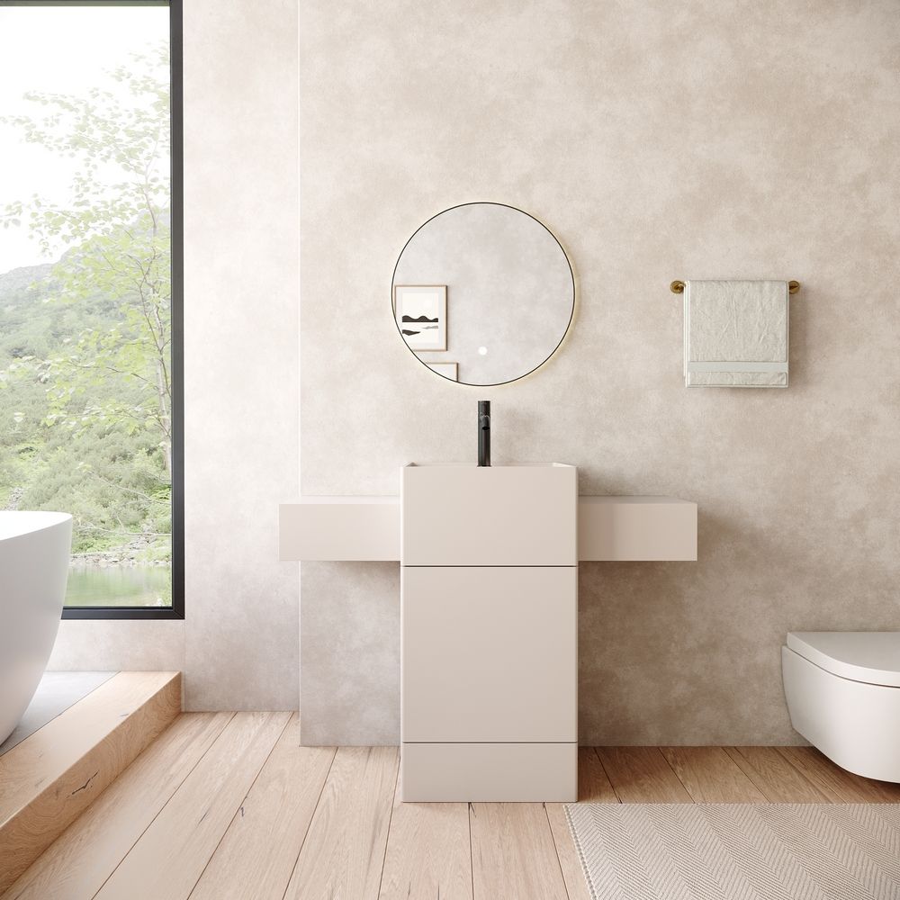 KT-6557 Solid Surface Pedestal Basin with Double Side Countertops & Hidden Drawer