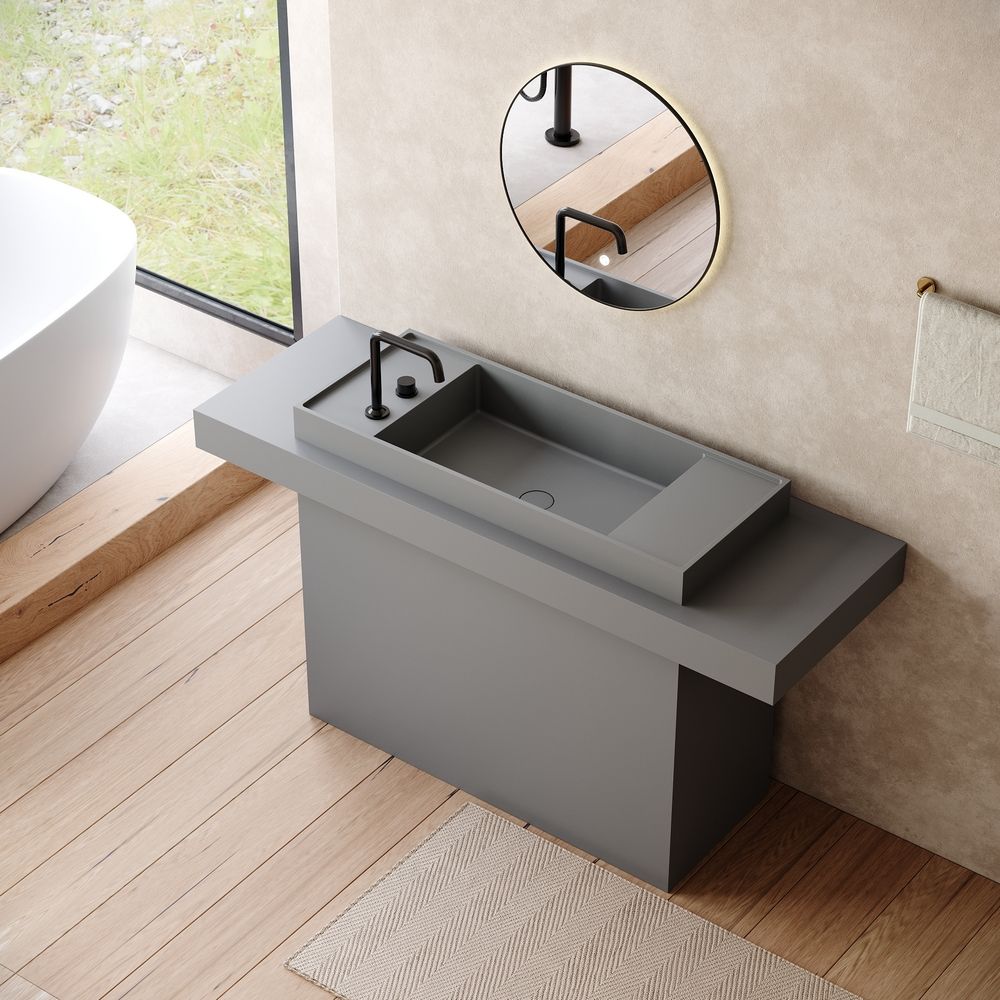KT-6558 Rectangular Basin with Double Wide Side Countertops Solid Surface Pedestal Sink