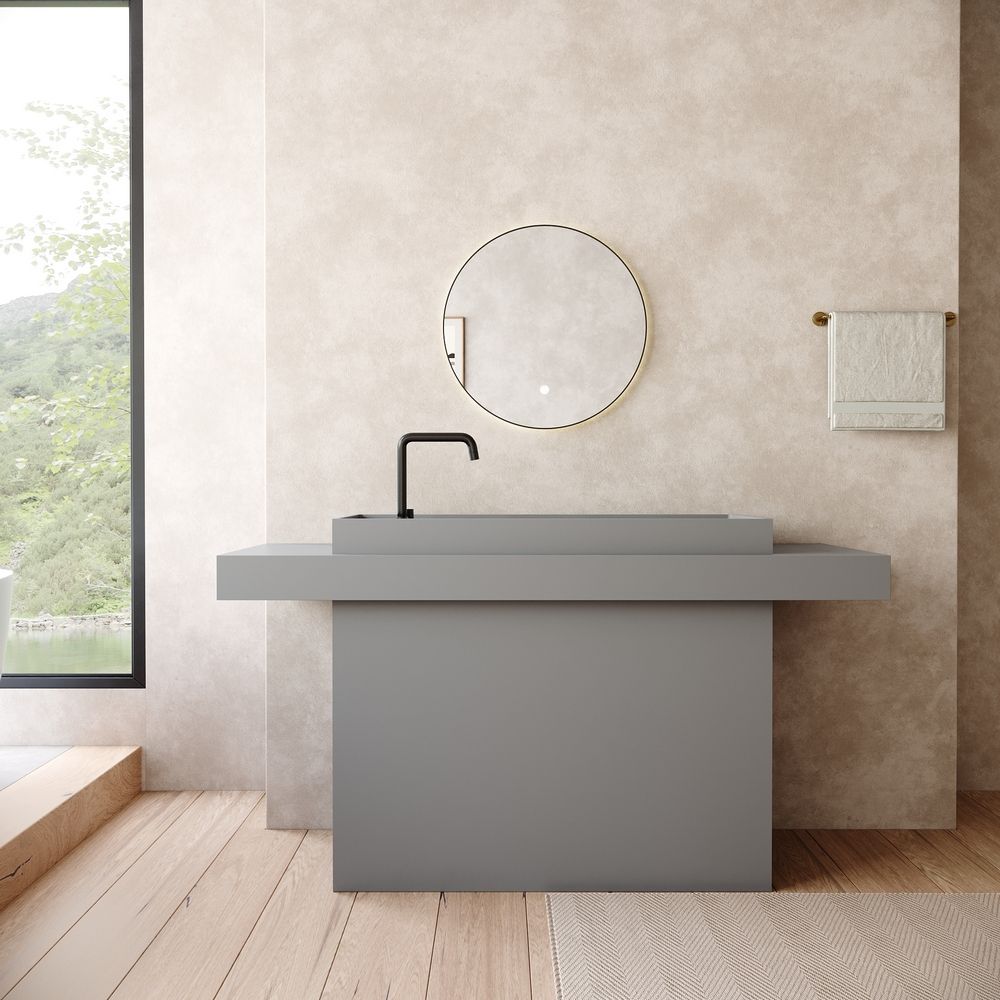 KT-6558 Rectangular Basin with Double Wide Side Countertops Solid Surface Pedestal Sink