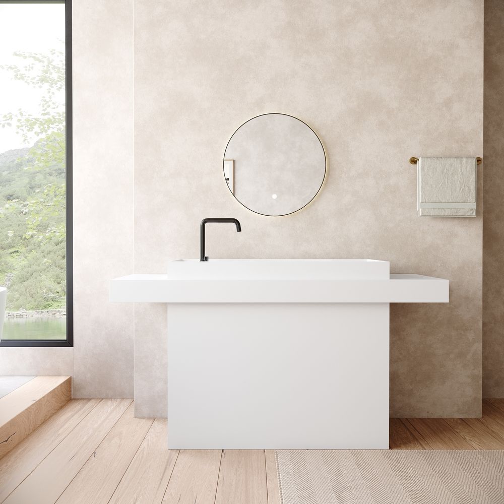 KT-6558 Rectangular Basin with Double Wide Side Countertops Solid Surface Pedestal Sink