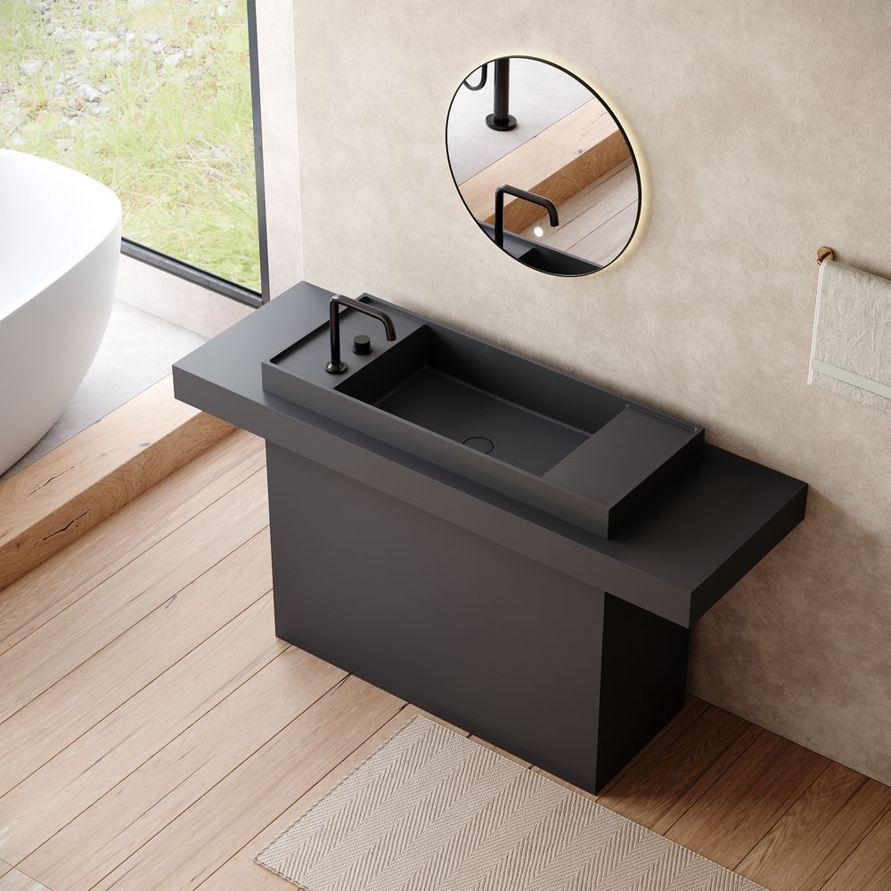 KT-6558 Rectangular Basin with Double Wide Side Countertops Solid Surface Pedestal Sink