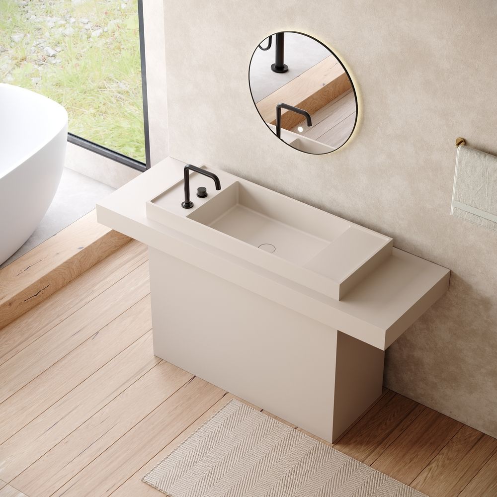 KT-6558 Rectangular Basin with Double Wide Side Countertops Solid Surface Pedestal Sink
