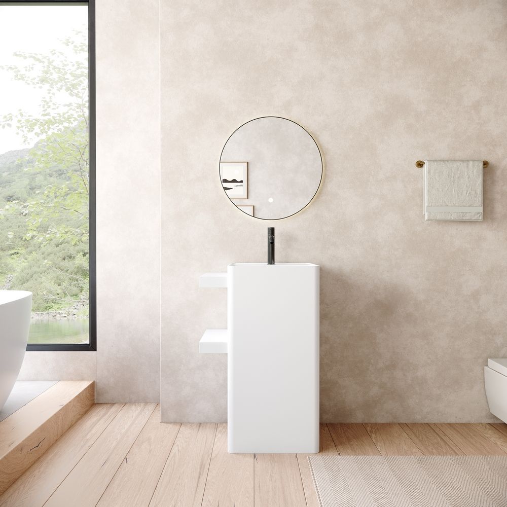 KT-6559 Solid Surface Pedestal Basin with Double-Layer Side Storage Shelves