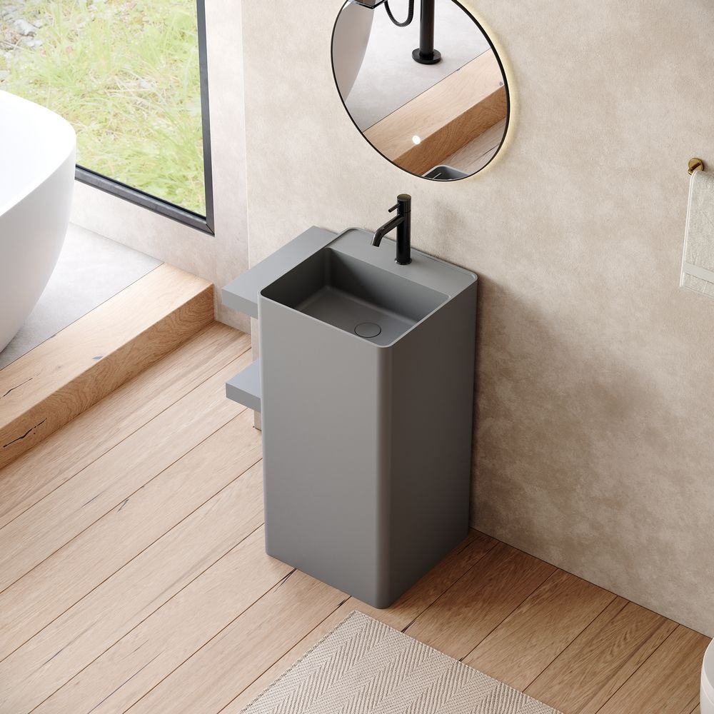KT-6559 Solid Surface Pedestal Basin with Double-Layer Side Storage Shelves