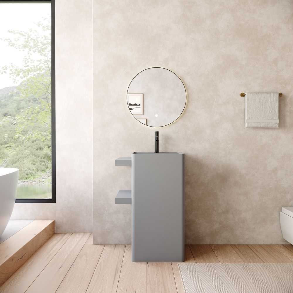 KT-6559 Solid Surface Pedestal Basin with Double-Layer Side Storage Shelves