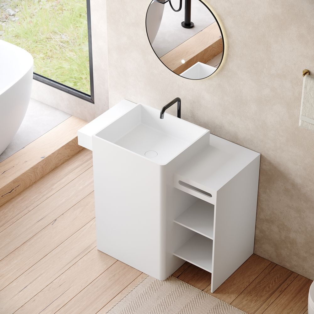 KT-6560 Solid Surface Pedestal Basin with Side Open Tiered Cabinet