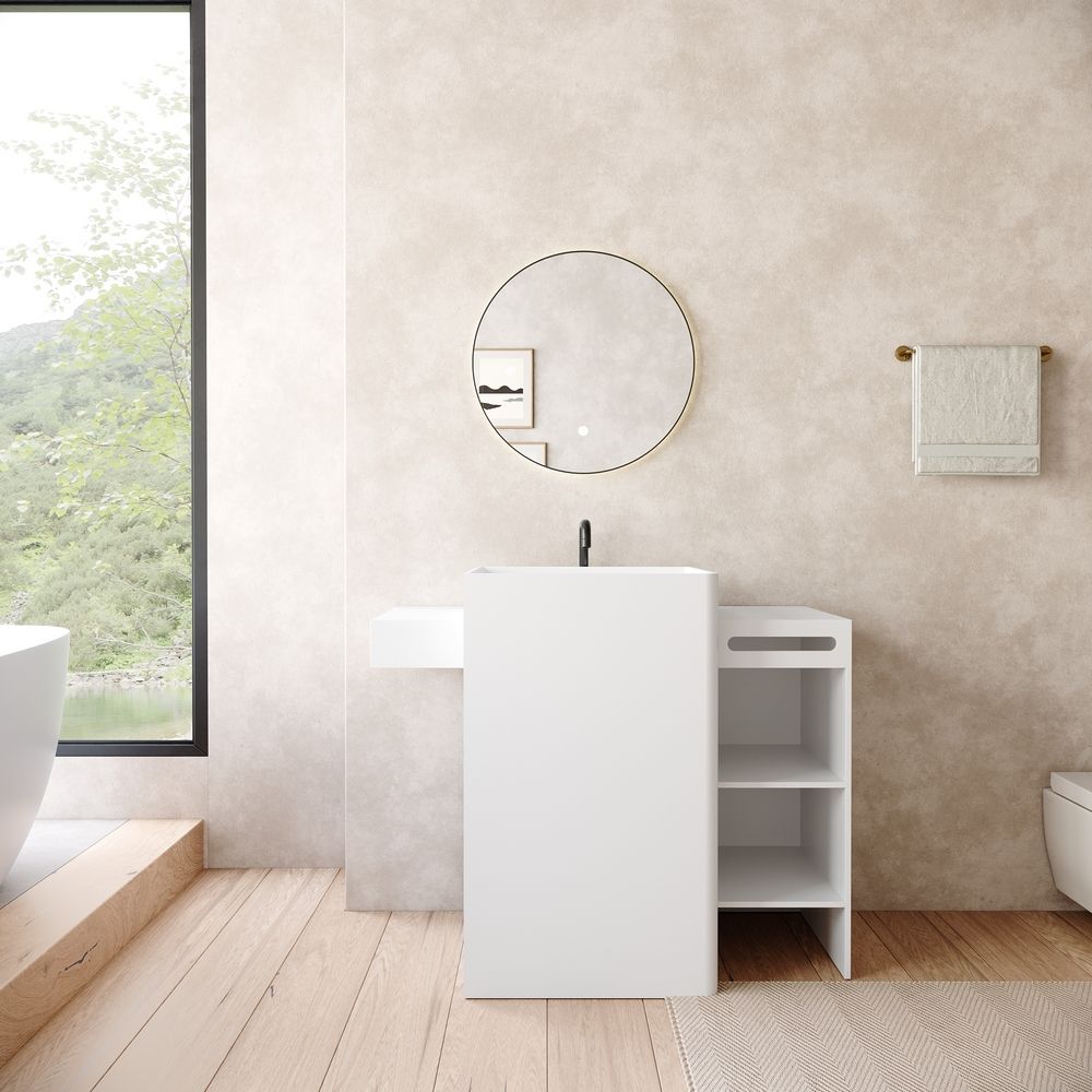 KT-6560 Solid Surface Pedestal Basin with Side Open Tiered Cabinet