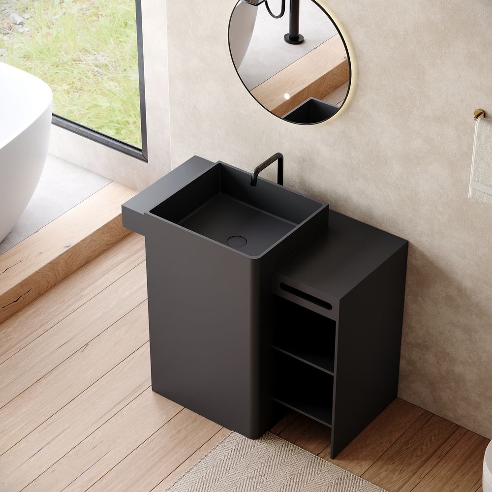 KT-6560 Solid Surface Pedestal Basin with Side Open Tiered Cabinet