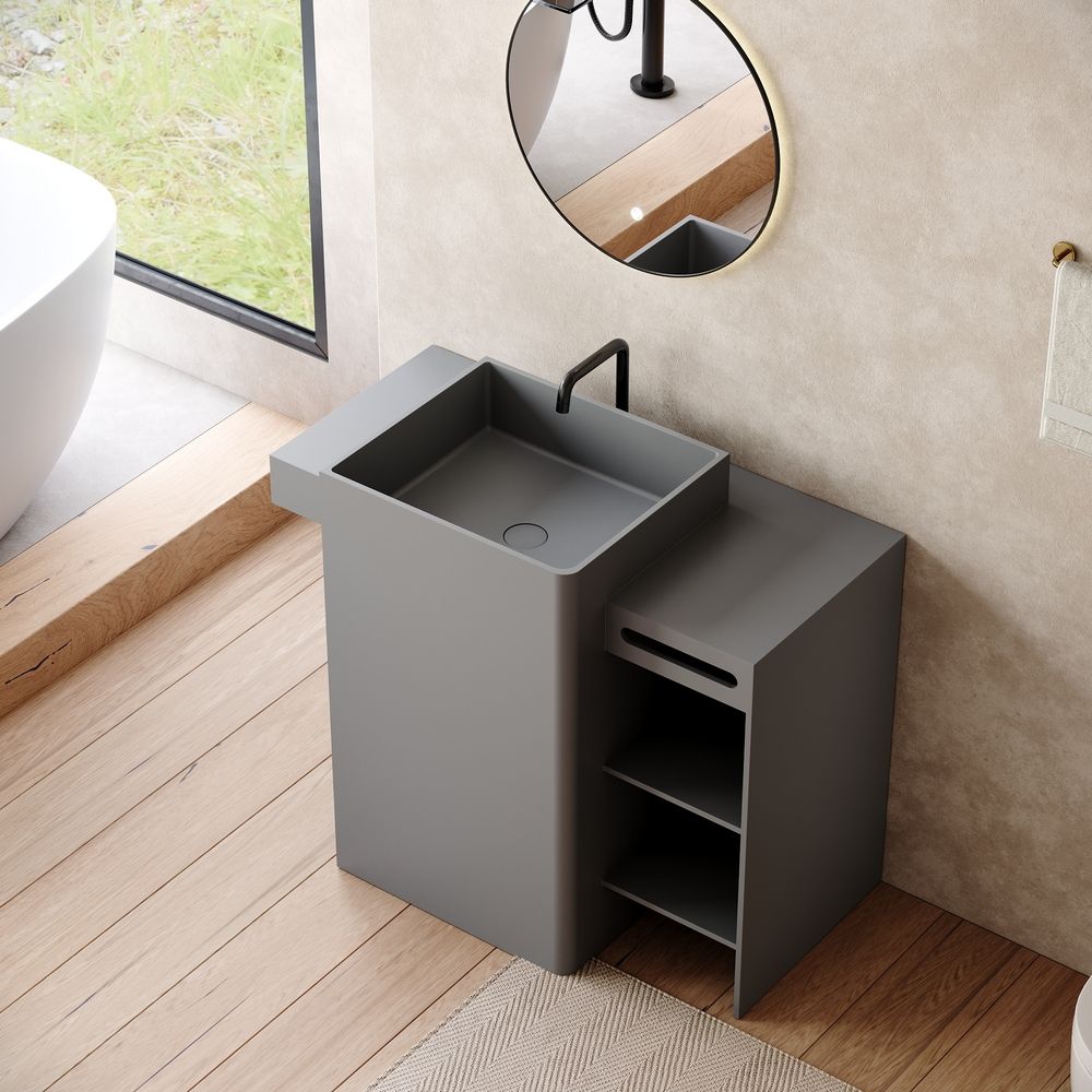 KT-6560 Solid Surface Pedestal Basin with Side Open Tiered Cabinet