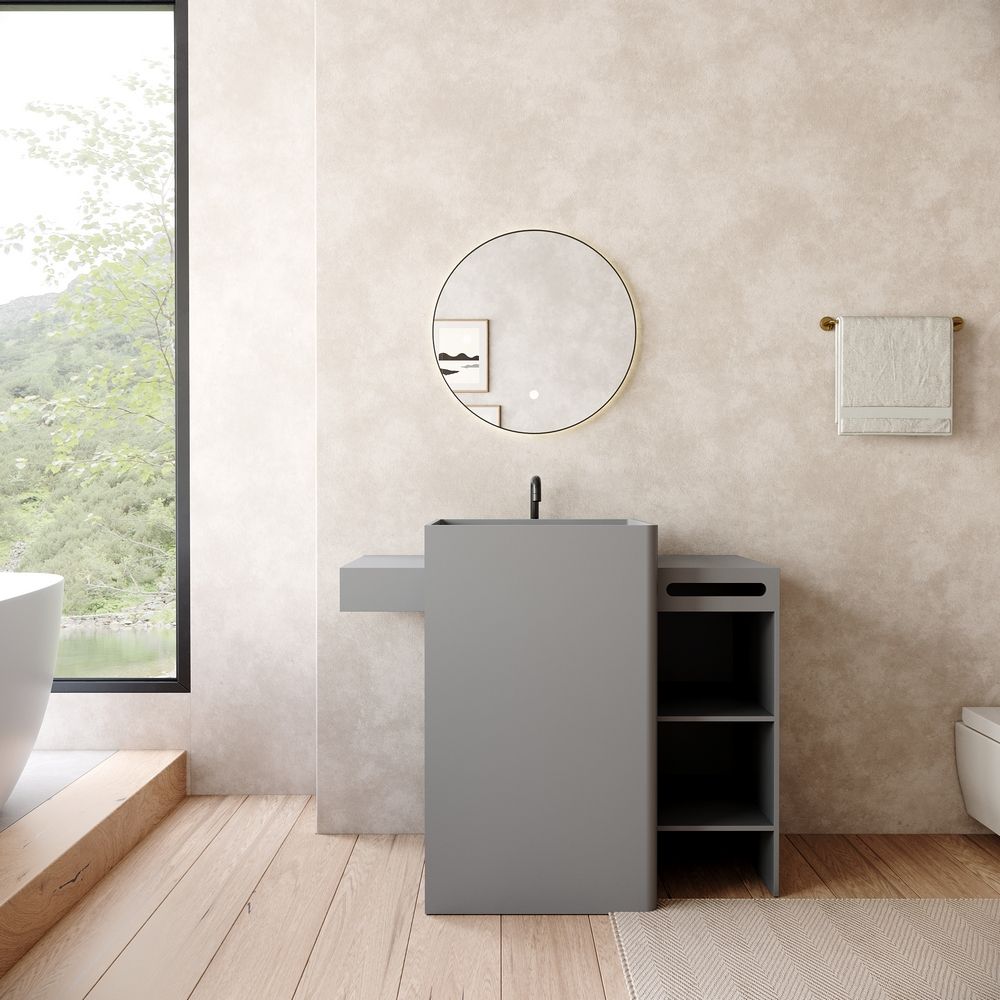 KT-6560 Solid Surface Pedestal Basin with Side Open Tiered Cabinet