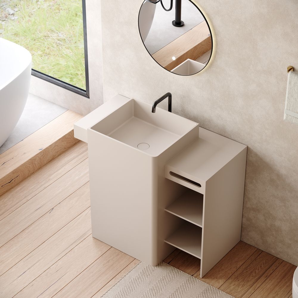 KT-6560 Solid Surface Pedestal Basin with Side Open Tiered Cabinet