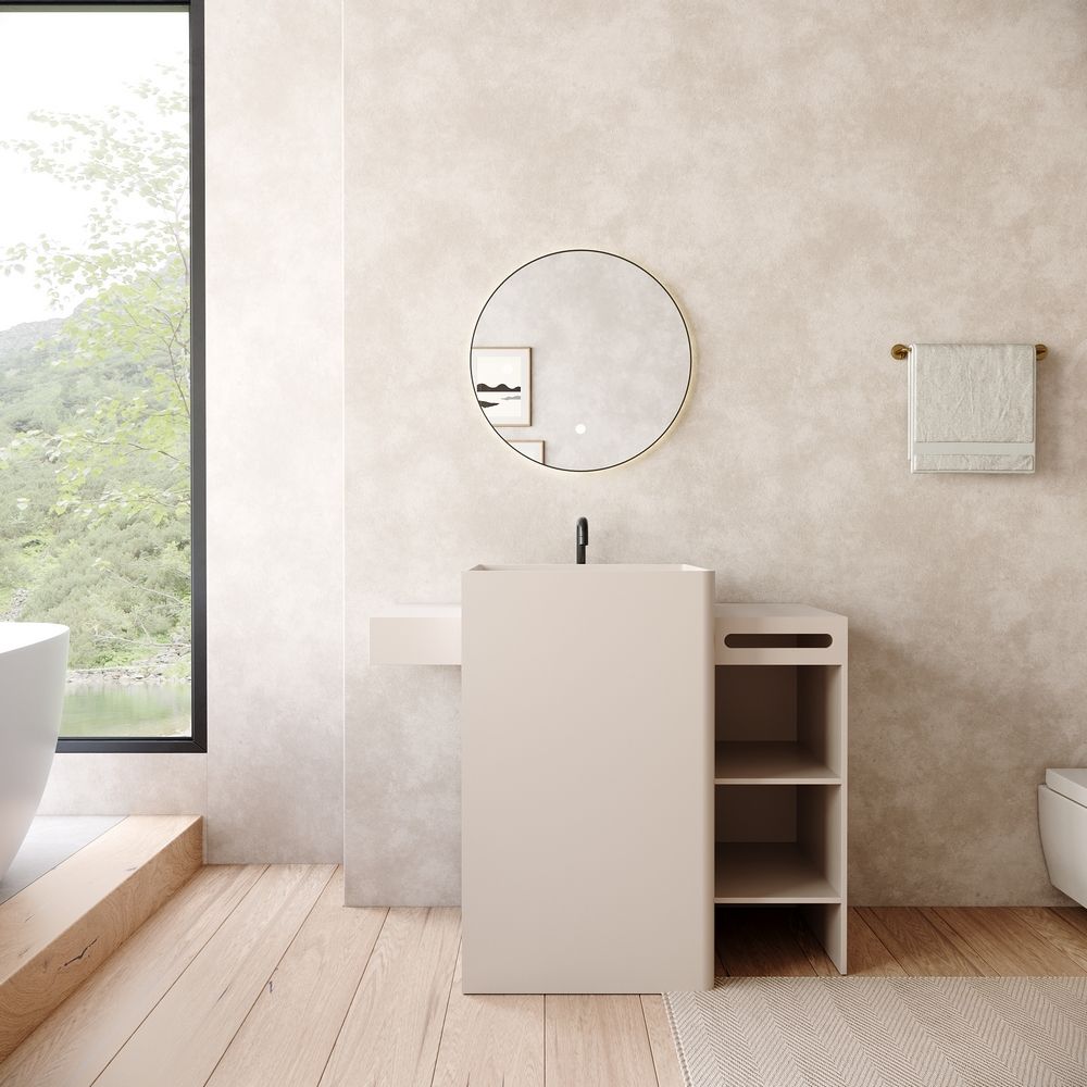 KT-6560 Solid Surface Pedestal Basin with Side Open Tiered Cabinet